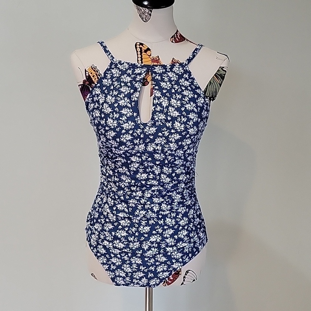 ELLEN TRACY blue one piece swimsuit.  Halter keyhole neckline.  Size 8.